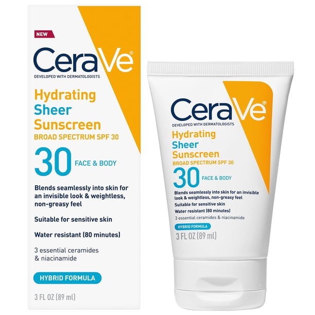 CeraVe Hydrating Sheer Sunscreen SPF 30 for Face and Body | Mineral Sunscreen & Chemical Sunscreen with Zinc Oxide, Hyaluronic Acid, Niacinamides and Ceramides| Paraben Free Fragrance Free | 3