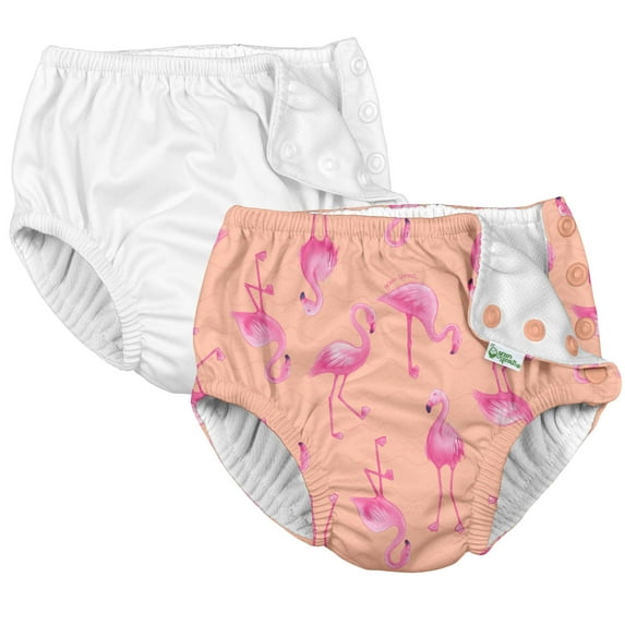 i Play (2 Pack) Girls Reusable Absorbent Baby Swim Diapers - Swimming Suit Bottom | No Other Diaper Necessary Coral Flamingos and White 12 Months