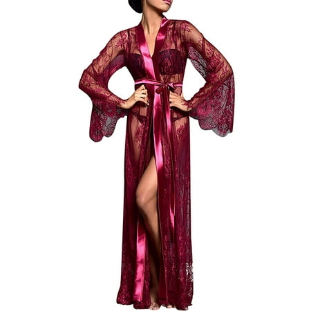 

Cilcicy Women Sheer Lace Eyelash Belted Gown Erotic Lingerie Kimono Kaftan Robe