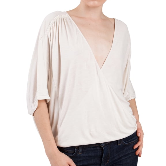 Women’s Ivory Ruffled Tunic Blouse Top – Sexy Off White V-Neck Drape Neck Viscose Shirt, Casual Dressy Flowy Summer Top, Size Small