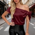 thumbnail image 2 of Inglocry Off The Shoulder Tops for Women Silk Satin Summer Short Sleeve Blouse Shirts Y2K Going Out Top Beach Vacation Wine S, 2 of 6
