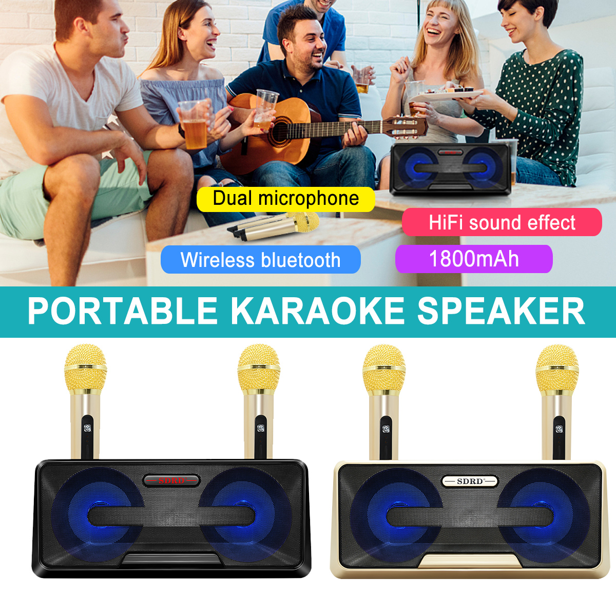 SDRD SD-301 2 in 1 Portable Karaoke System Family KTV with Dual Wireless Live Microphone + Bluetooth Speaker (Black)