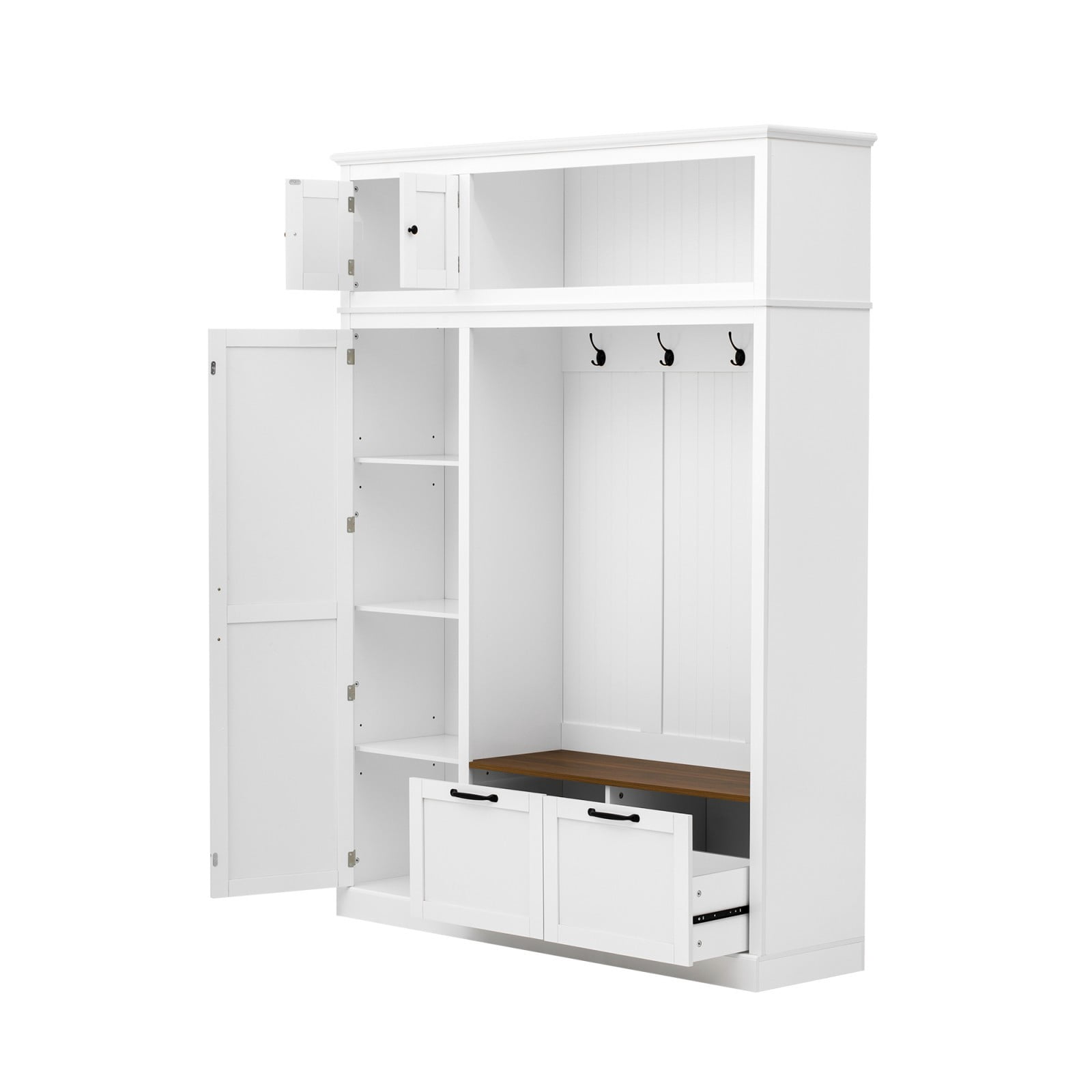 59"W 3-in-1 Farmhouse Entryway Hall Tree with Storage Cabinet, Adjustable Shelves, 4 Hooks & 2 Drawers, Mudroom Bench with Grooved Back Panel, Multifunctional Hallway Organizer, White