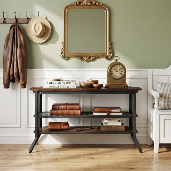 YYAo Console Table, Entryway Table, Console Sofa Table, Display Shelf,3-tier Console Table TV Stand with Mesh Storage Shelf-Rustic Brown