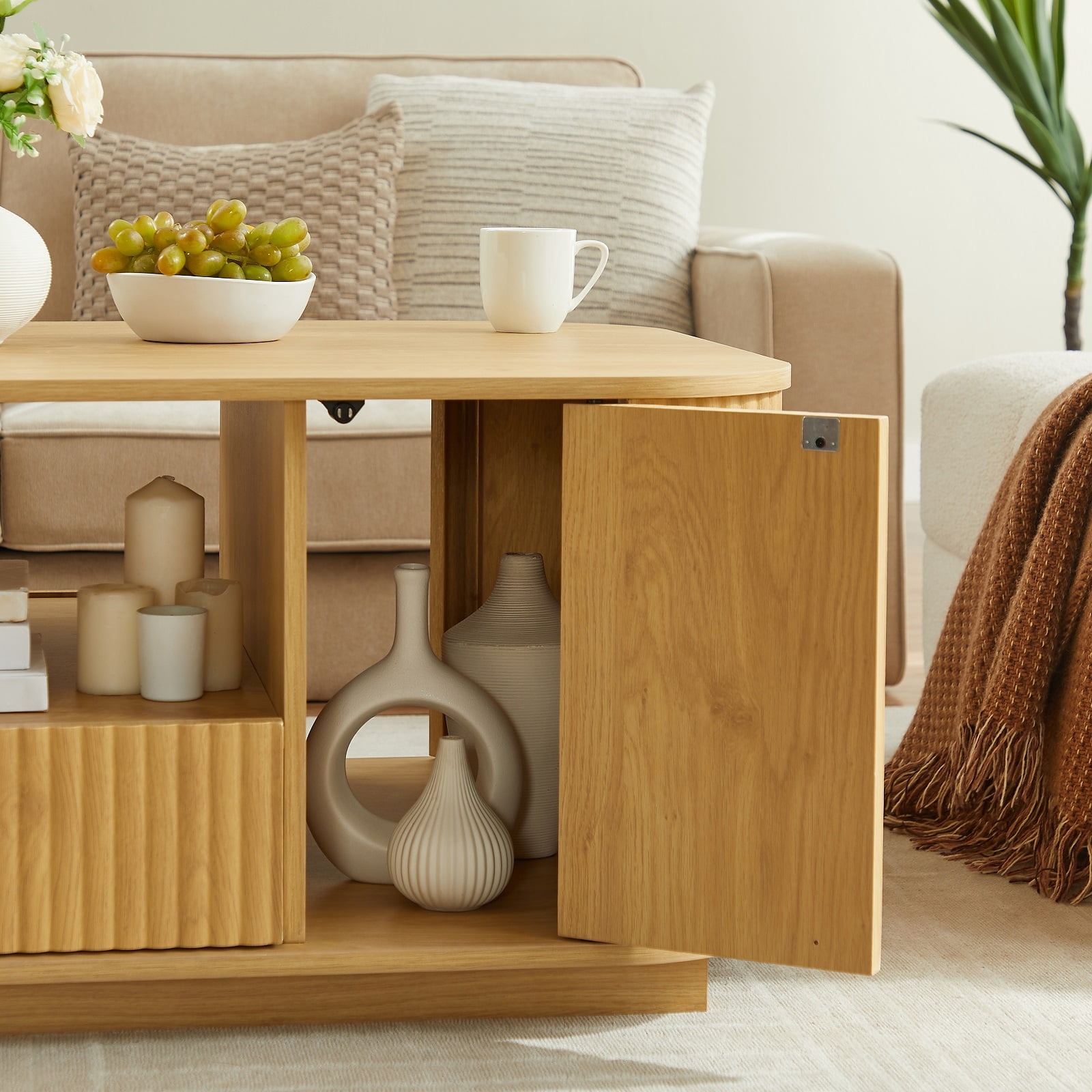 MOONMISS 46.5" Oval Coffee Table with Drawers,Modern Luxury Storage for Living Room,Natural