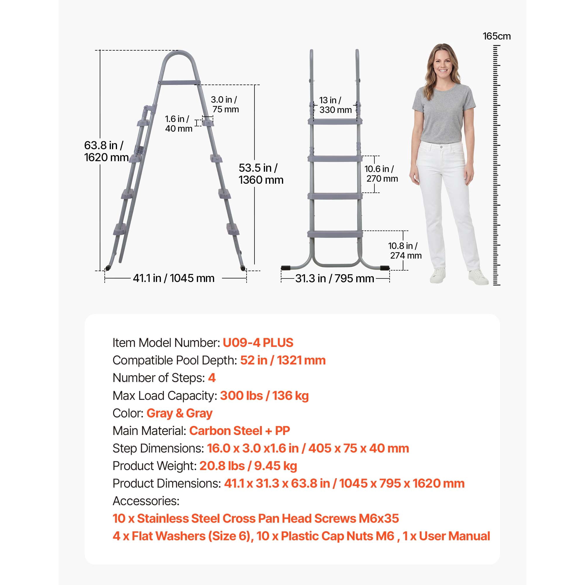 KFFKFF 4-Step Steel A-Frame Pool Ladder, Designed for Above-Ground Pools with 52-Inch Walls, 300 lbs Weight Capacity, Non-Slip Wide Steps for Safe Entry and Exit, Easy to Assemble, Outdoor Use, Gray