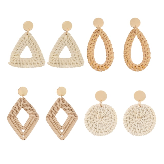 KAKOWELY 4 Pairs Rattan Geometric Earring Delicate Rattan Earring Elegant Rattan Earring,2.17"X1.57"X0.12"
