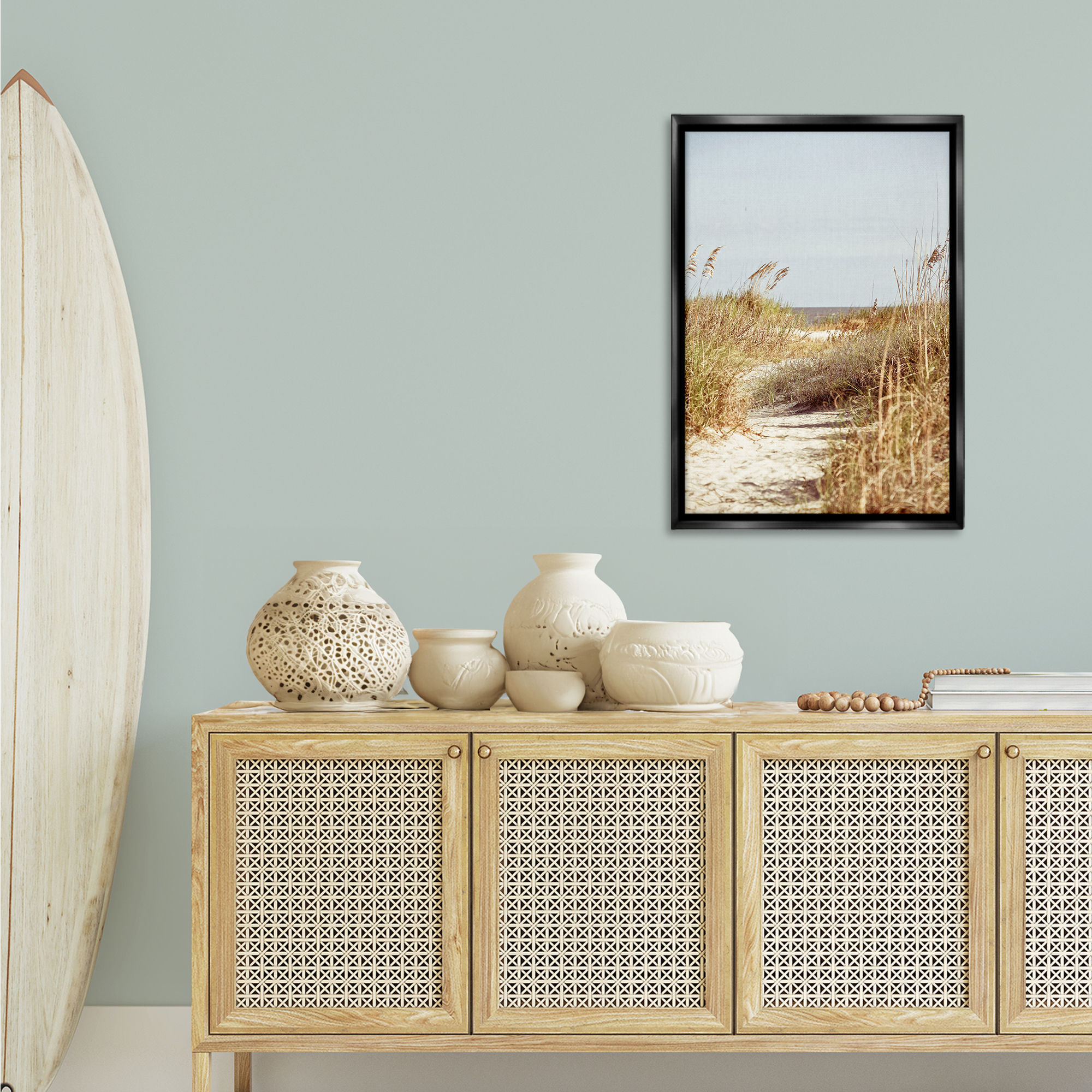 Stupell Industries Sandy Path with Reeds Landscape Photography Black Floater Framed Canvas Art Print Wall Art, 21 x 31