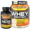 Body Fortress 2lb Vanilla Whey Protein Powder + 90ct Super Nos Pump Nitric Oxide Stimulator Bundle
