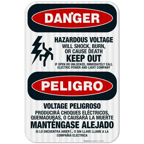 Hazardous Voltage Will Shock, burn Bilingual Sign, OSHA Danger Sign, 12x18 Reflective Aluminum EGP