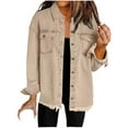 thumbnail image 2 of Women's Denim Jackets Loose Y2k Jean Shirt Shackets Button Down Casual Long Boyfriend Frayered Hem Outwear Tops (S, Khaki), 2 of 6