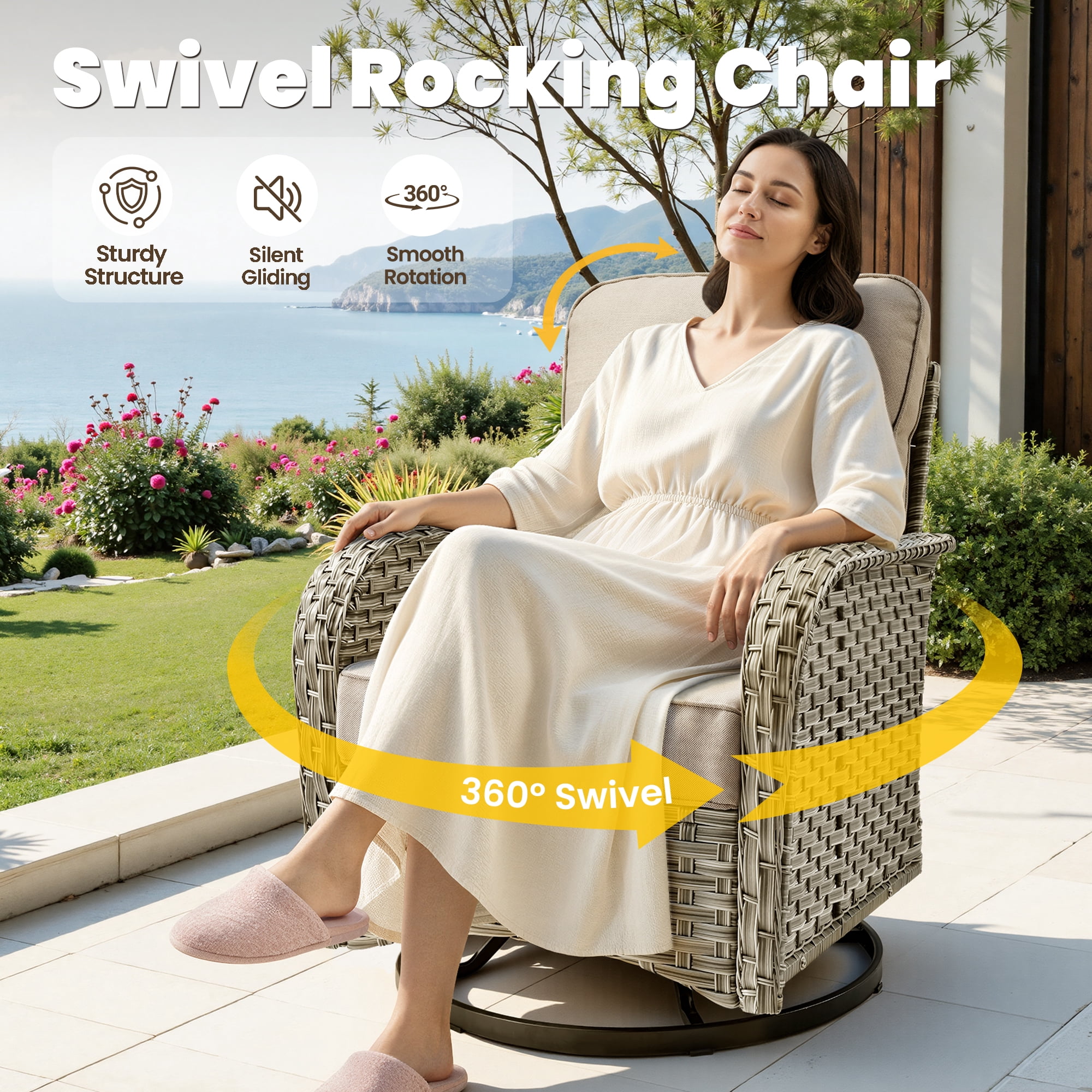 Vcatnet Outdoor Patio Furniture Sets 8 Pieces Sectional Sofa Wicker Conversation Set with Swivel Glider Chairs and Solar Powered Coffee Table for Porch, Deck, Beige