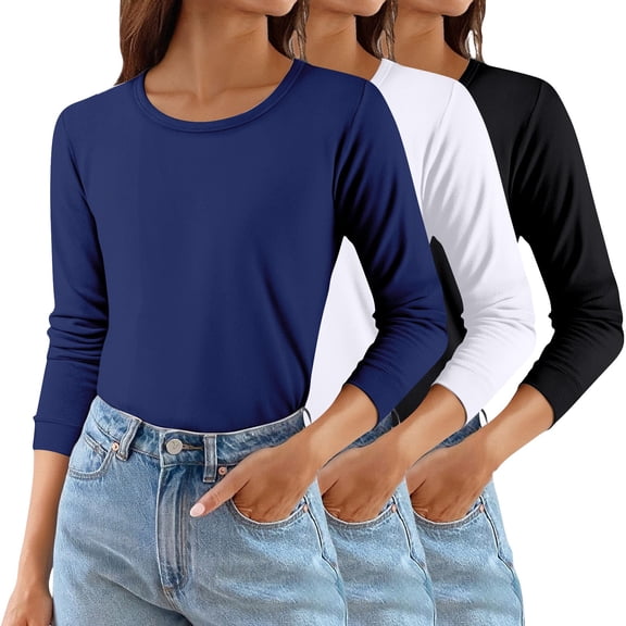 Women's Solid Color Round Neck T-Shirts 3-Pack, Comfortable Basic Layering Tees, Soft Casual Everyday Tops for Women, Essential Wardrobe Staples Black L