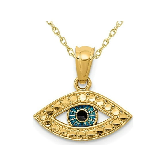14K Yellow Gold Blue Enamel Evil Eye Charm Pendant Necklace with Chain