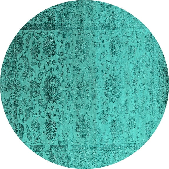 Ahgly Company Machine Washable Indoor Round Oriental Turquoise Blue Industrial Area Rugs, 3' Round