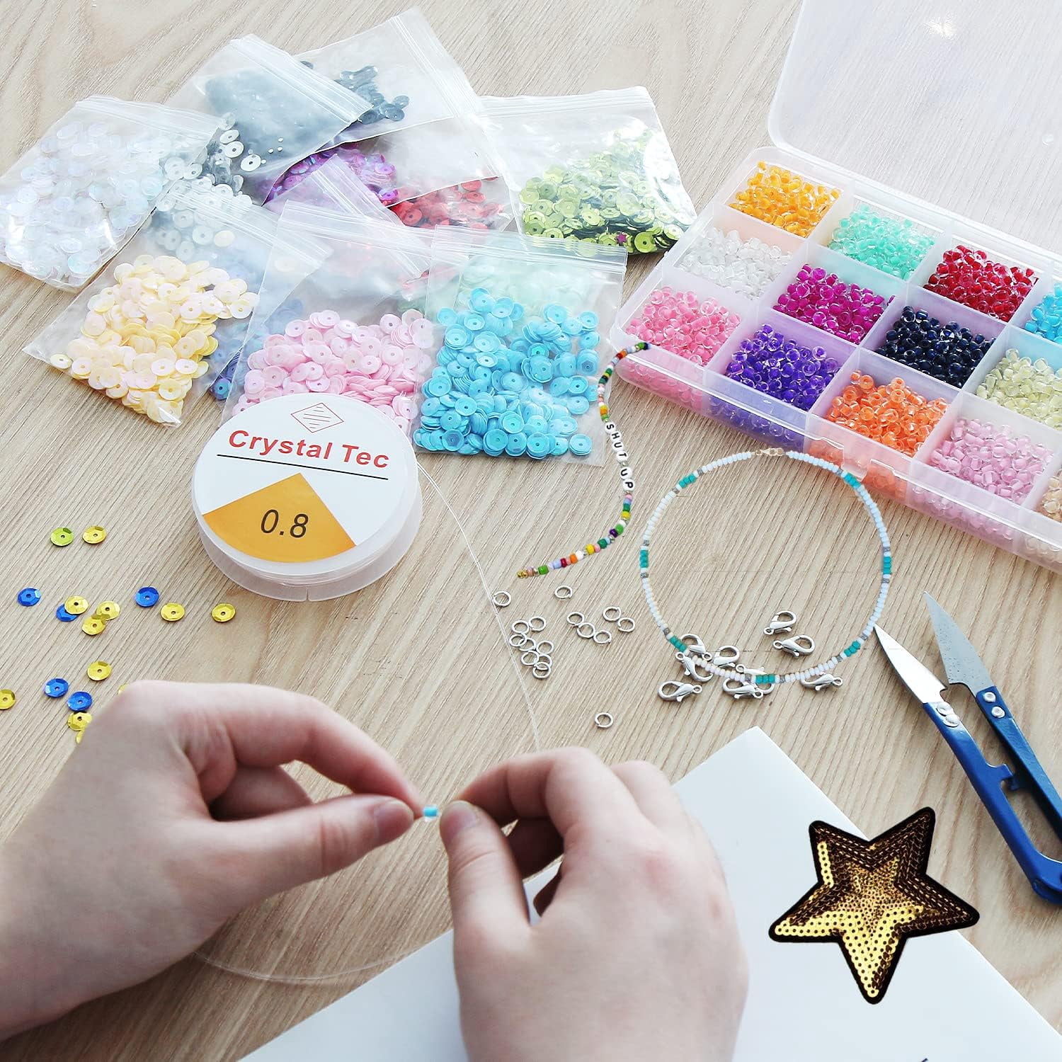 10322 Pcs Glass Seed Beads and Loose Sequins Kit, 4mm Small Craft Beads 6mm Tiny Spangles Kit with Bracelet String Scissors for Embroidery Applique Arts Handmade Crafts and Embellishment