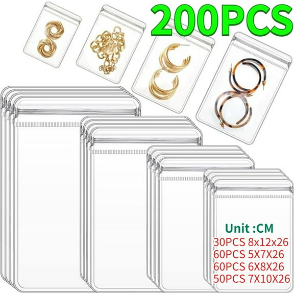 200pcs Jewelry Storage Pouches PVC Earrings Rings Bracelets Necklaces Clear Zipper Bags Anti Oxidizing for Storage Jewelry Packing Bags Set
