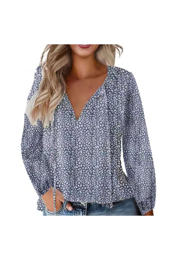 Tops Long Sleeve Blouses for Women 2025, Women's Casual Boho Floral Printed V Neck Tops Drawstring Long Sleeve T Shirt Blouses