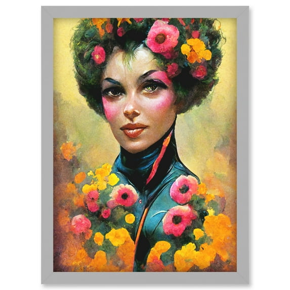 The Flower Girl Watercolour Pink Yellow Vibrant Fun Painting Artwork Framed Wall Art Print A4