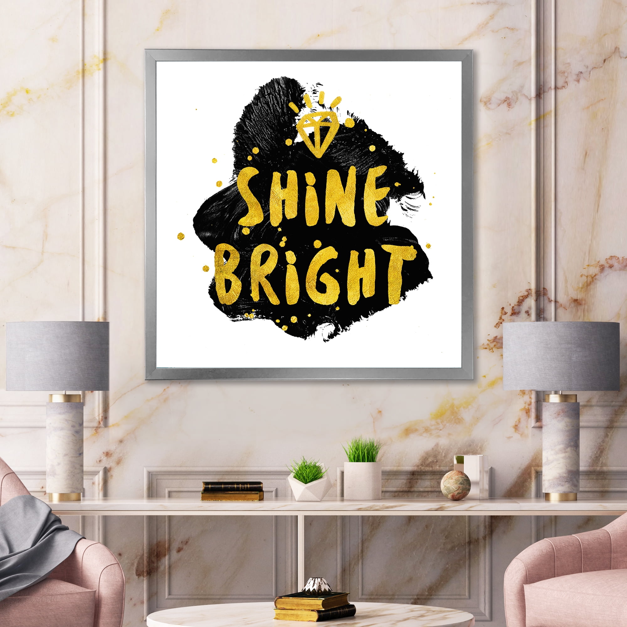 Designart 'Shine Bright Quote on Black' Glam Framed Art Print