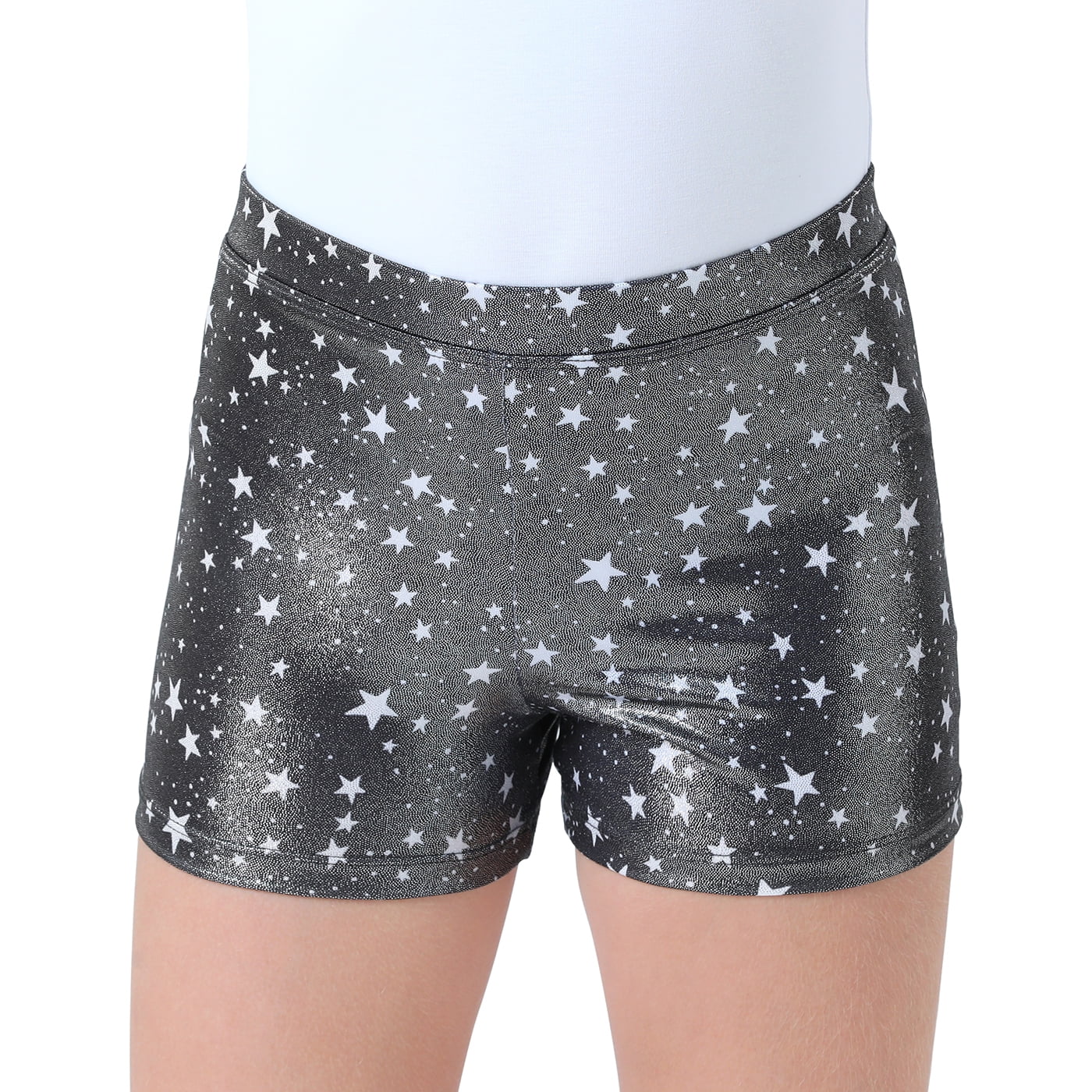 HDE Gymnastics Shorts for Girls Dance Short Glitter Sparkle Tumbling  Bottoms Black with White Stars 4-5 