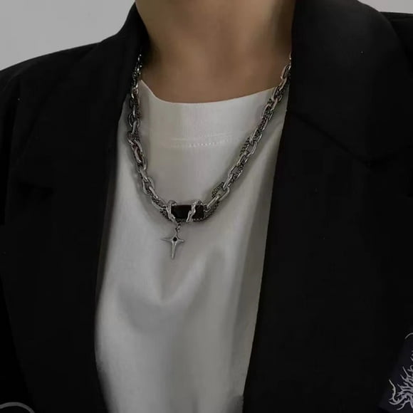Simple Necklace Lolita Necklace Layered Cuban Thick Silver Chain Necklace Ladies Mens Girls Fashion Y2k Costume Jewelry