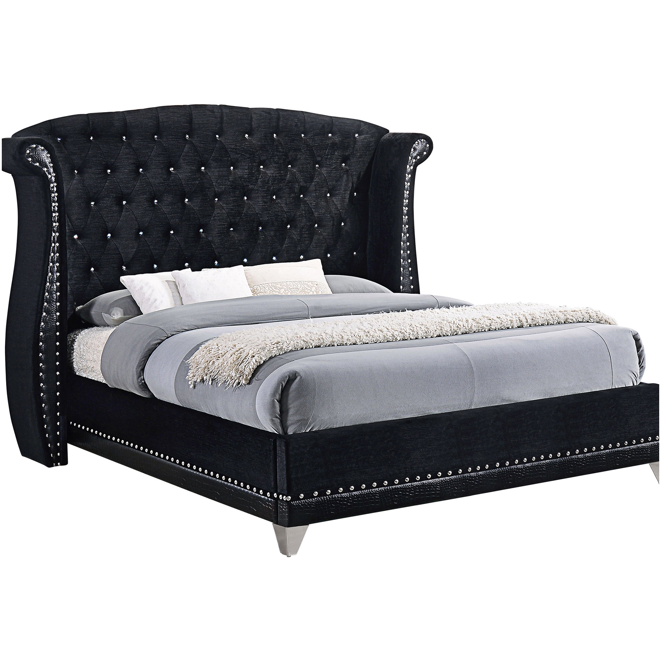 Queen Upholstered Bed Frame with Wingback Headboard, Black Velvet, Tufted Button & Nailhead Trim for Modern Glamour Bedroom