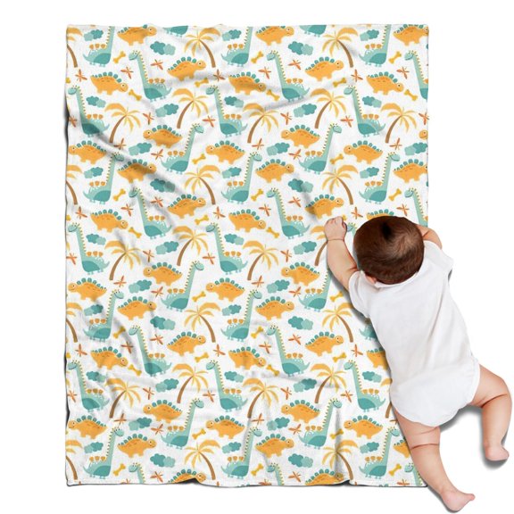 White Cartoon Dinosaurs Palm Trees Pattern Blanket,Comfortable Soft Flannel Throw Blanket,All Season,Warm Lightweight Blankets for Sofa Bed Couch Living Room Chair,30"x40"