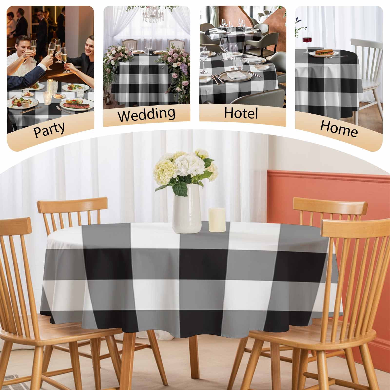 Round Tablecloth Black White Checkered Plaid Waterproof Oil Proof Polyester Table Cloth Cover Decor for Home Dining Outdoor,Patio,Parties, 60" Dia. Rustic Farmhouse Pattern