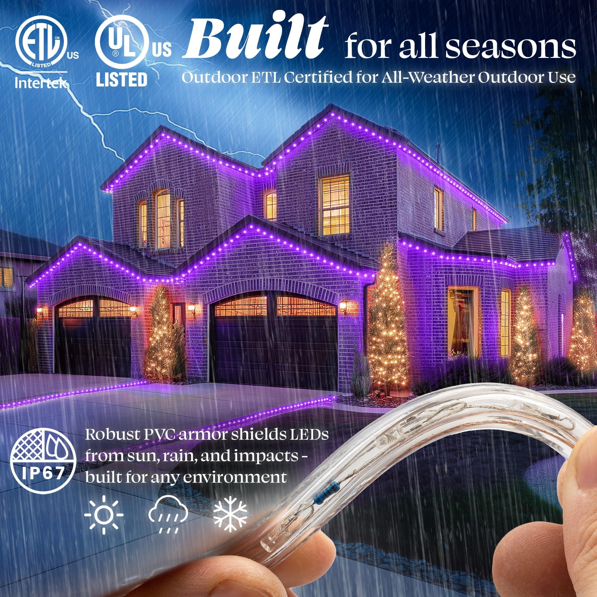 WYZworks 576LEDs, 50ft Purple LED Outside Rope Lights, Outdoor ETL Certified Waterproof Permanent 360 Degree Light Emitting, Flexible Tube, Connectable, Christmas Palm Tree Exterior Landscape