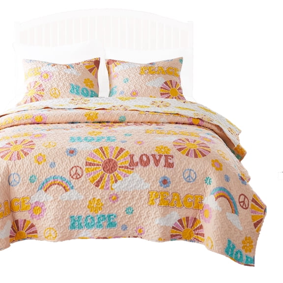 Benjara Berlin 2 Piece Microfiber Rainbows & Clouds Print Twin Quilt Set- Beige