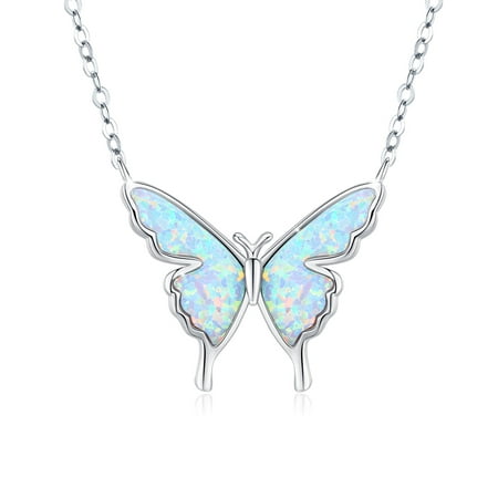 Cuoka Butterfly Necklace, Opal Jewelry Pendant Necklaces for Women, White Gold Plated Hypoallergenic Sterling Silver 18'' Charm Necklaces, Girls Gifts for Birthday Christmas