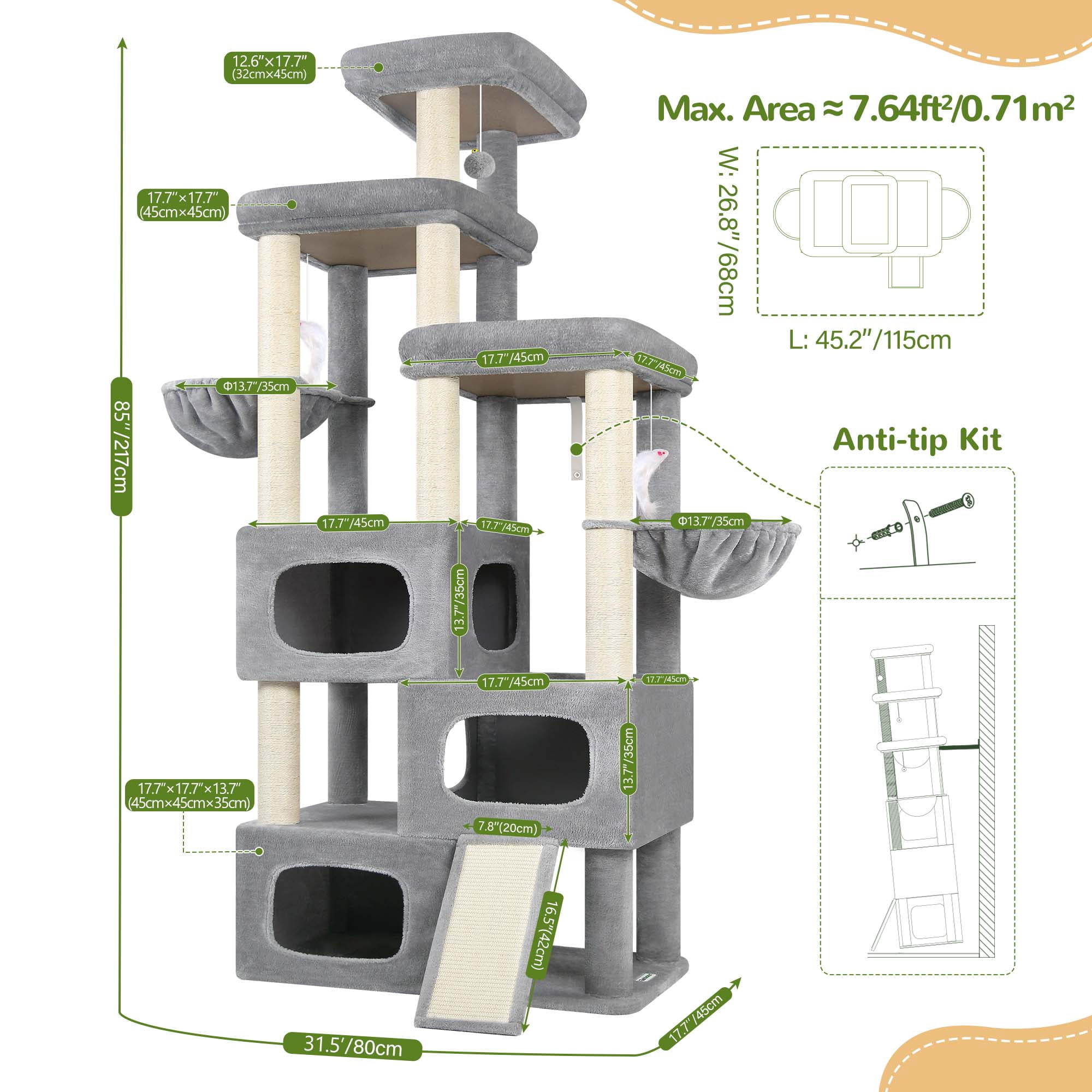 Globlazer Big Cat Tree Tower，85in Multi-Level Tall Cat Tree Tower Indoor for Multiple Adult Cats with Scratching Post, 3 Perches, 3 Condos, 2 Hanging Basket, S85,Light Gray