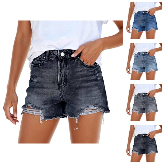 Jean Shorts Womens 2026 Summer High Waist Washed Blue Ripped Distressed Frayed Hem Denim Shorts