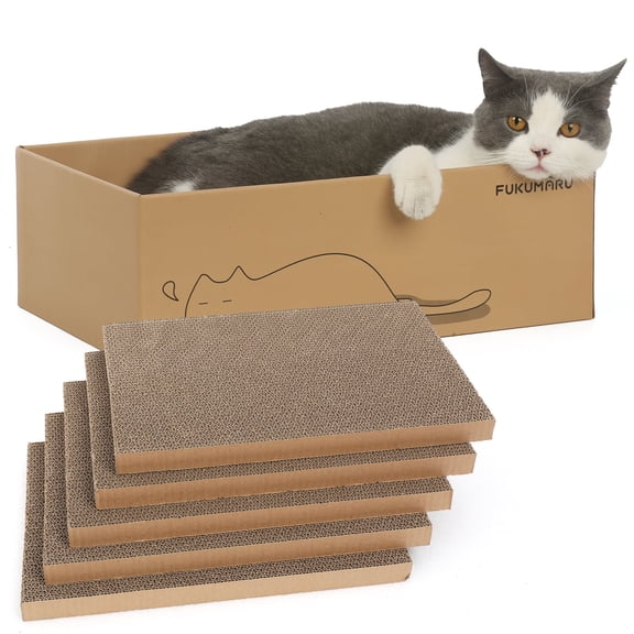 FUKUMARU Corrugated Cardboard Cat Scratching Pad Set with Box, 5 Count, Cat Scratcher House