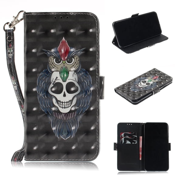 iPhone XR Case, iPhone XR 2018 Case, Allytech 3D PU Leather Protective Cover & Pocket Lanyard Wallet with Cards Holder, Support Kickstand Slim Case for Apple iPhone XR （6.1"）, Skull Cat