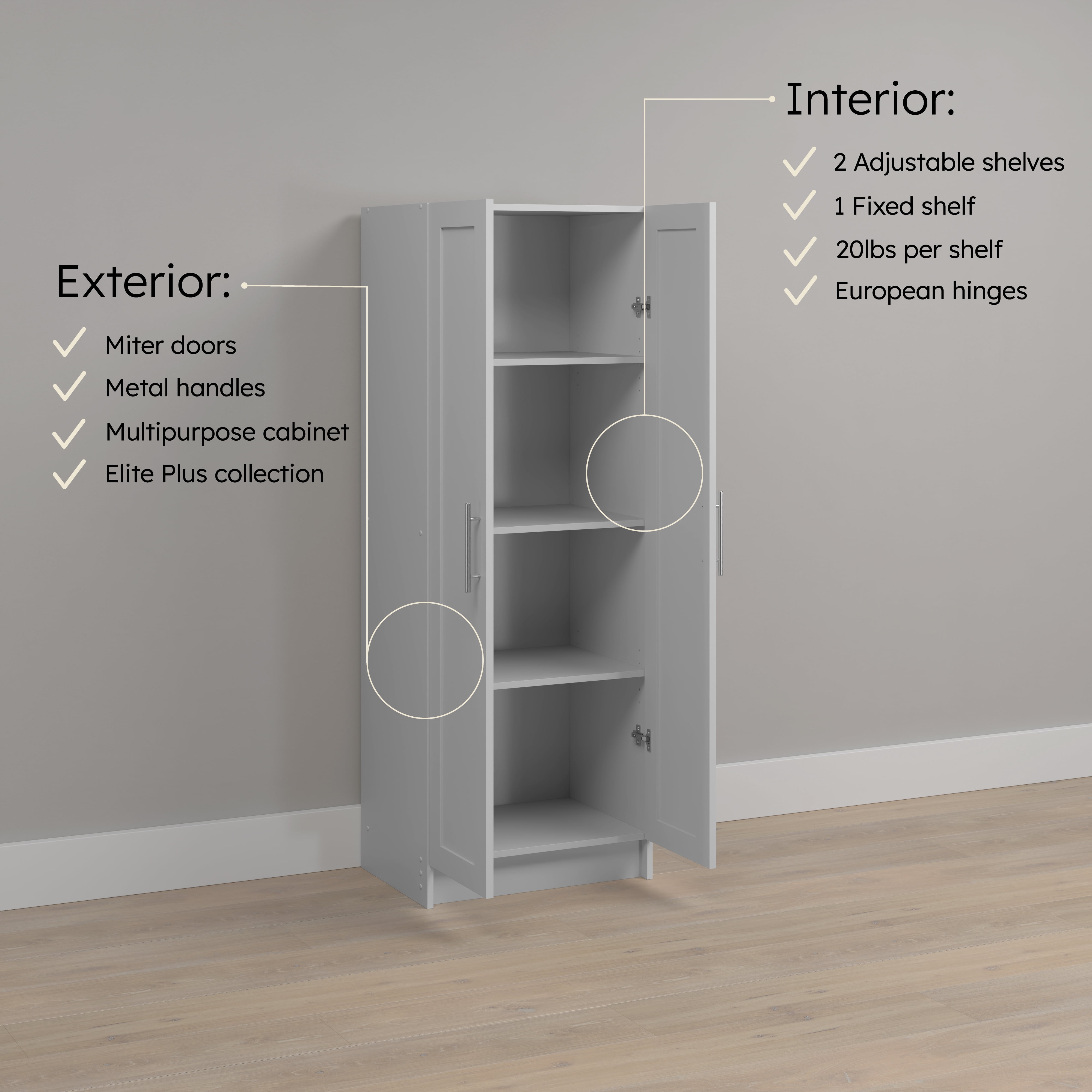Prepac Elite Plus 24" Wide Storage Accent Cabinet with Panel Doors, White Storage Cabinet, Bathroom Cabinet, Pantry Kitchen Cabinet with 3 Shelves 16.75" D x 24" W x 65" H