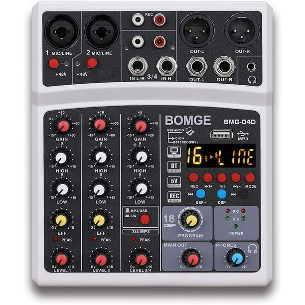 BOMGE 4 Channel dj Bluetooth Mini Mixer with Effects, USB Interface, Stereo 48V Phantom Power for PC,phone(White) Walmart.com