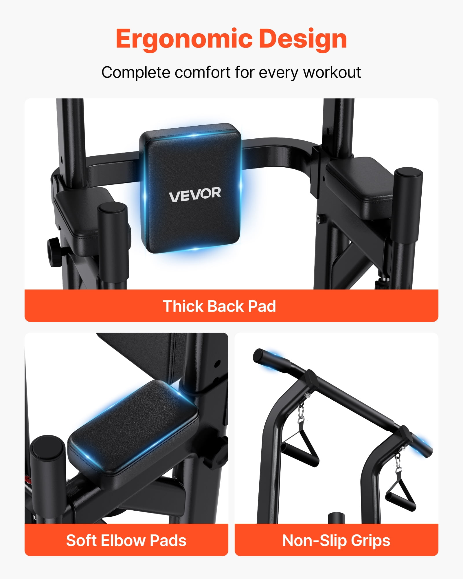 VEVOR Pull Up Bar, 330 LBS Power Tower Dip Station, Workout Dip Station with H-Shaped Stable Base & Back Pad,Adjustable 12 Level Height Free Standing Chin Up Bar for Back, 4-Level Adjustable Back Pad
