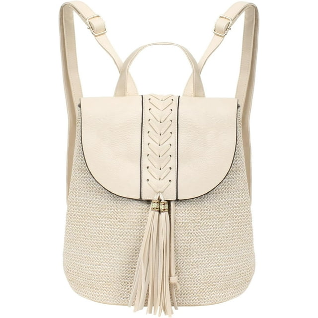 LHSHID Women Small Braid Tassels Straw Woven Backpack PU Leather Flap Drawstring Daypack Shoulders Bag