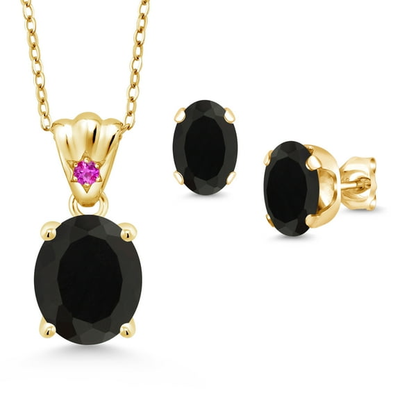 Gem Stone King 18K Yellow Gold Plated Silver Black Onyx and Pink Sapphire Pendant and Earrings Jewelry Set for Women (6.25 Cttw, Gemstone Birthstone, Oval 11X9MM and 8X6MM with 18 inch Silver Chain)