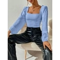 thumbnail image 6 of Women'S Square Neck Long Sleeve Crop Tops Puff Sleeve Ruched Blouse Blue S, 6 of 8