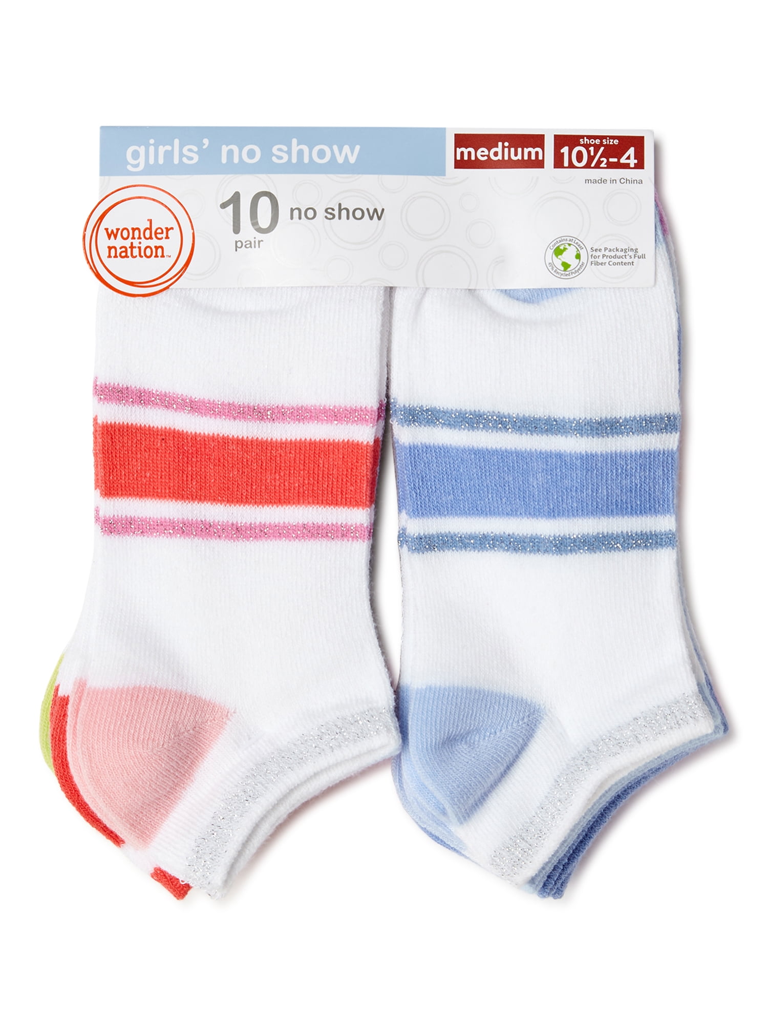 Wonder Nation Girls Striped No-Show Socks, 10-Pack, Sizes S-L