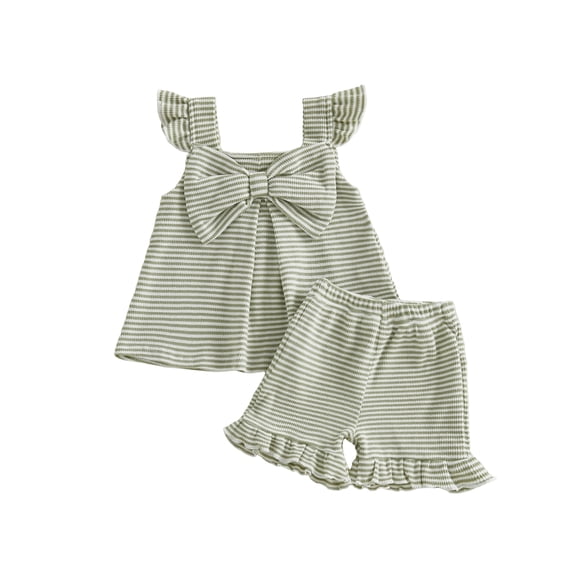 BemeyourBBs Kids Toddler Baby Girls Summer Clothes 2 Pieces Waffle Knit Striped Fly Sleeve Bow Camisole Tank Top with Ruffle Shorts Set