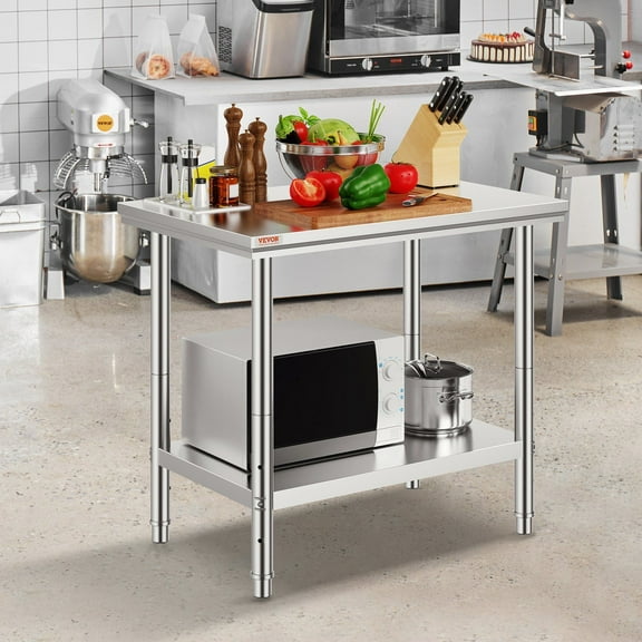 Stainless Steel Commercial Workstation, 35 x 24 x 31 Inches, 700 lbs Load Capacity, Adjustable Height Prep Table for Kitchen Restaurant Backyard