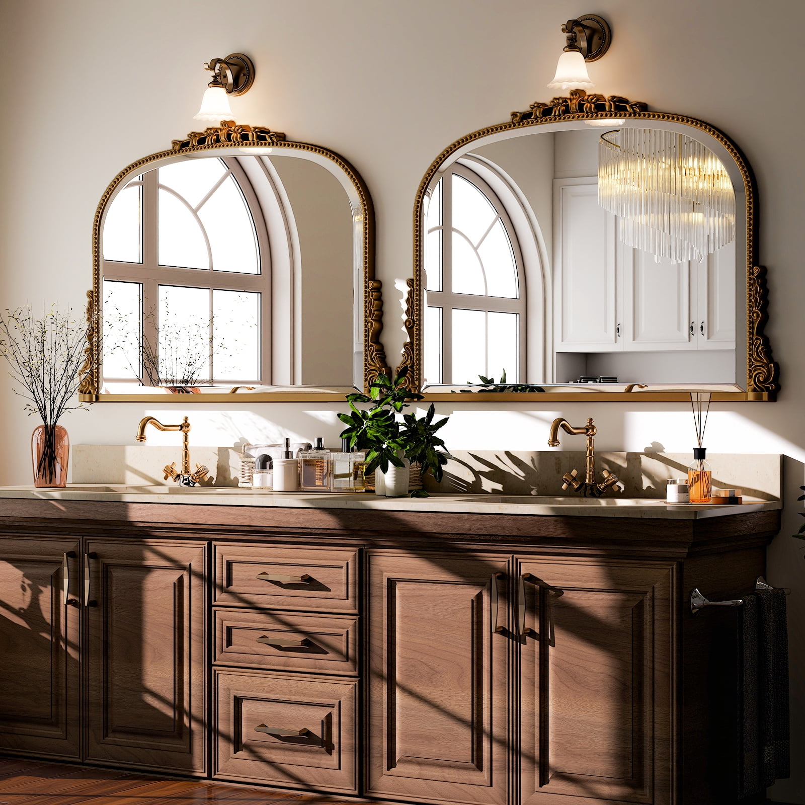 Clarvion 44"x32" Vintage Bathroom Mirror Arched Decorative Wall Mirror, Antique Gold