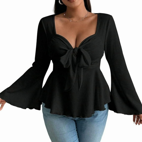Women'S Plus Size Tops Ruffle T Shirts Sweetheart Neck Bell Long Sleeve Top Black XXXL