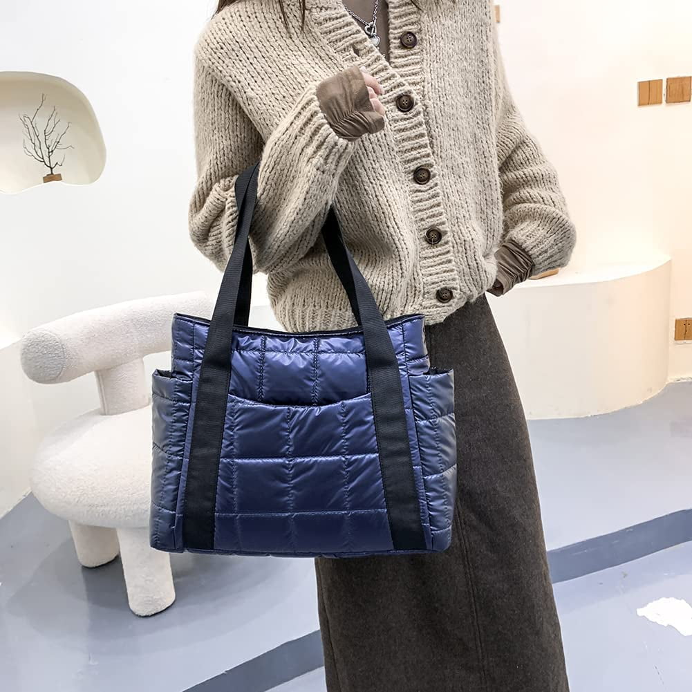 CoCopeaunt Puffy Tote Bag for Women Quilted Puffer Handbag Lightweight  Winter Down Cotton Padded Shoulder Bag Down Padding