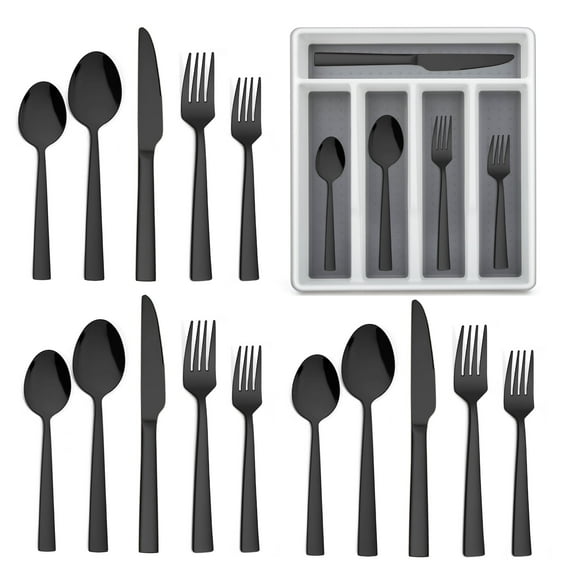 Walchoice 20-Piece Black Silverware Set with Tray, Stainless Steel Flatware Cutlery Set for Home Restaurant, Elegant Eating Utensils Tableware Plus Plastic Drawer Organizer