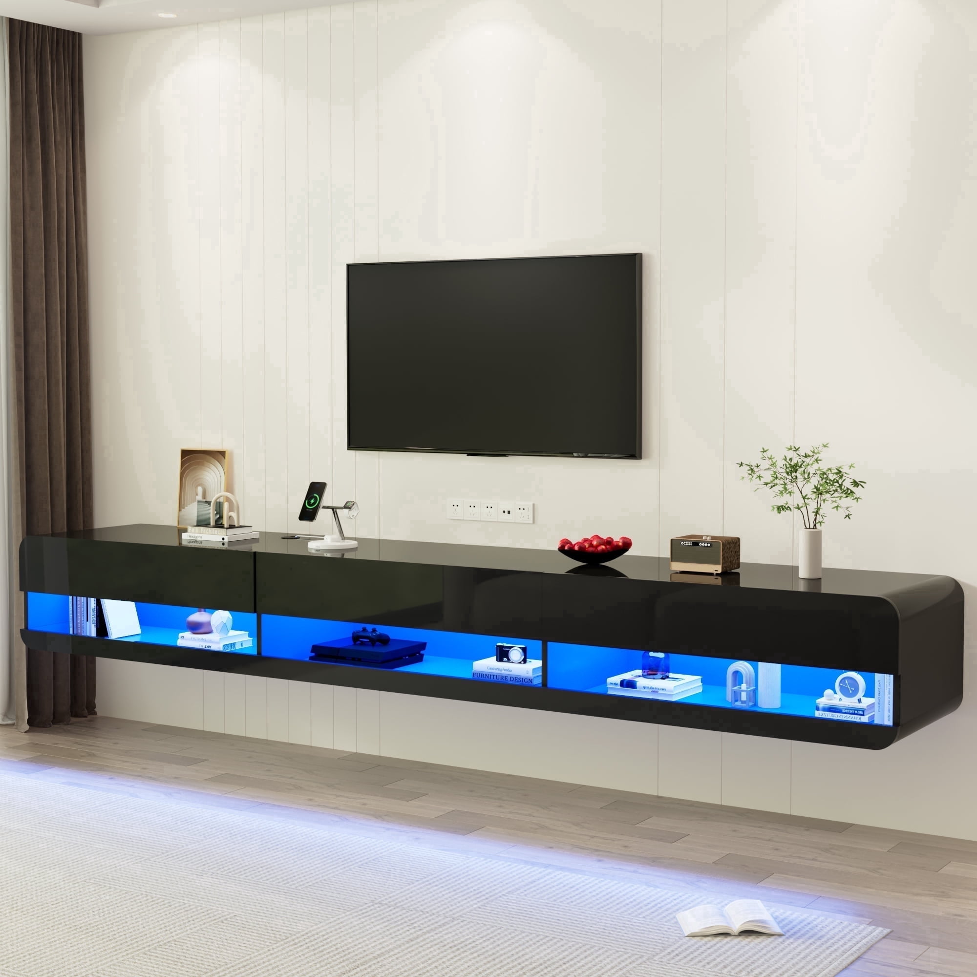 Anpoo 94.5'' Modern Floating TV Stand for TVs up to 100'' TV, LED High Gloss Entertainment Center with Storage & Power Outlet, TV Console with 20 Color Changing Lights for Living Room Bedroom, Black